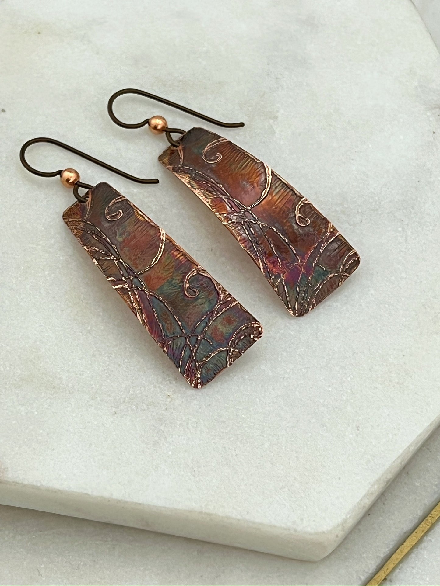 Acid etched copper irregular rectangle earrings