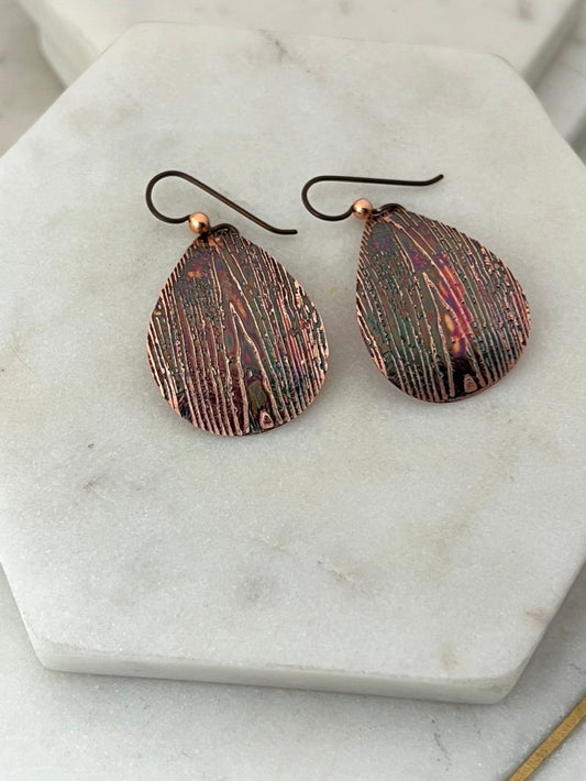 Acid etched copper medium teardrop earrings