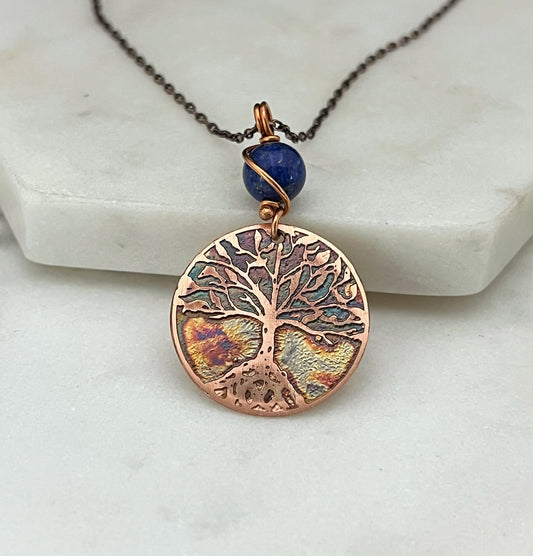 Copper and lapis rooted tree necklace