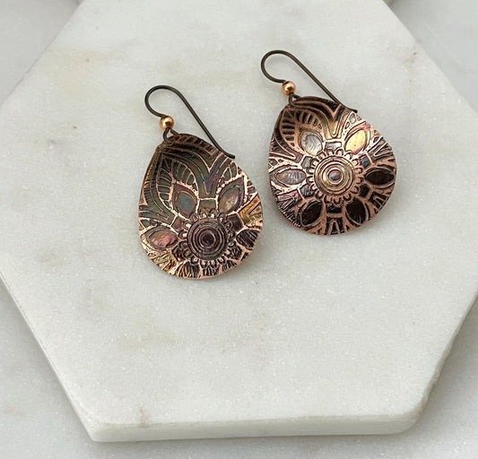 Acid etched copper medium teardrop earrings