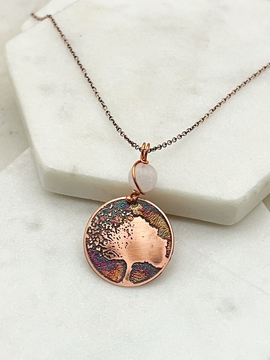 Acid etched copper tree necklace with rose quartz gemstone