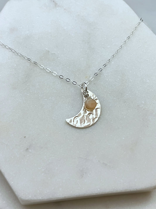 Sterling silver moon necklace with peach moonstone