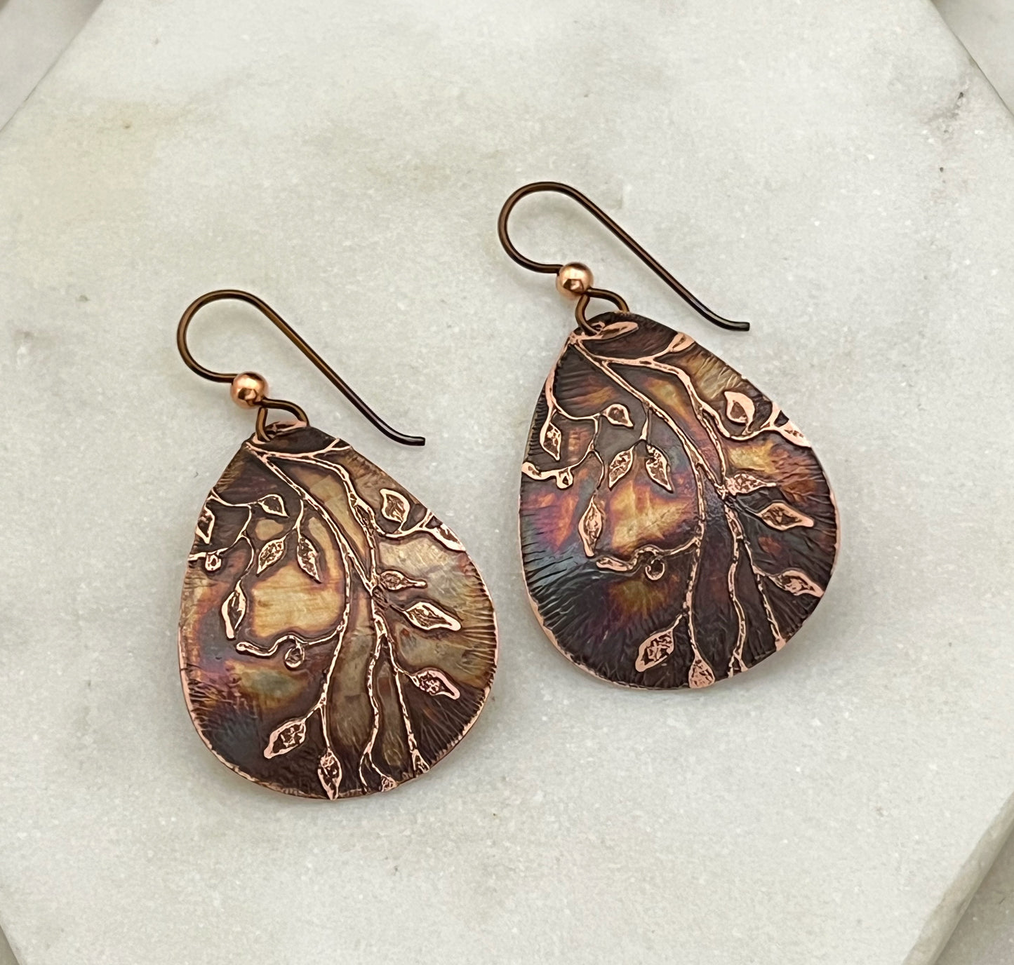 Acid etched copper medium teardrop earrings