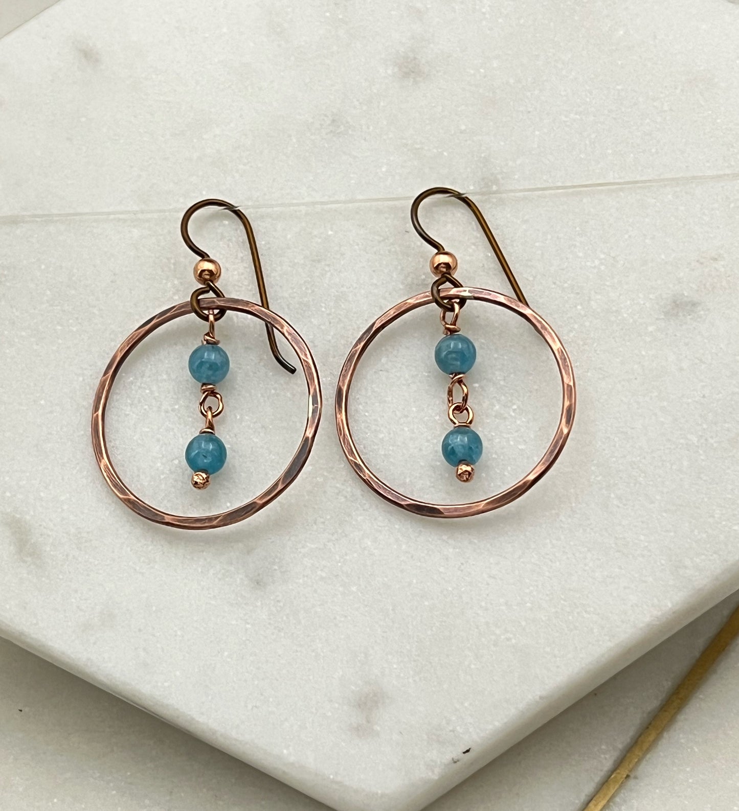 Copper hoops with amazonite gemstones