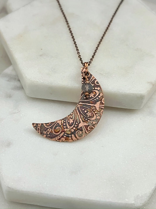 Acid etched copper crescent necklace with grey moonstone gemstone
