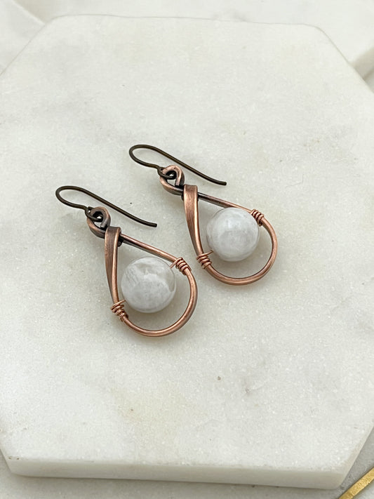 Copper oval hoops with moonstone gemstones
