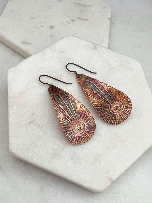 Large acid etched copper teardrop earrings
