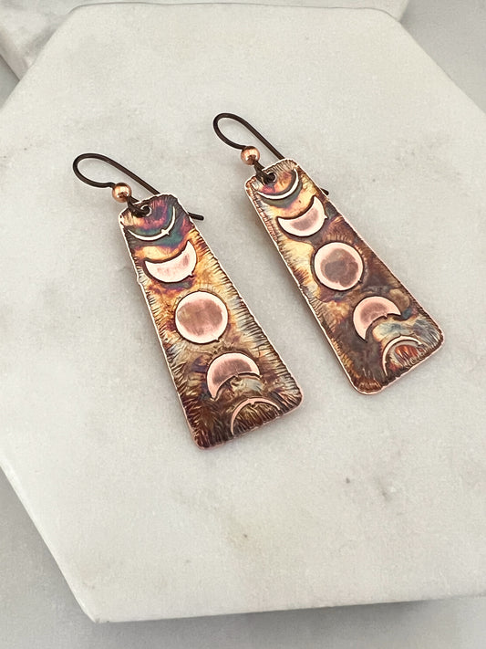 Acid etched copper moon phase earrings