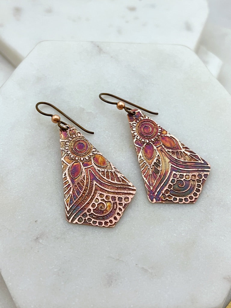 Acid etched copper earrings