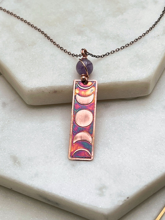 Moon phase acid etched copper necklace with amethyst gemstone