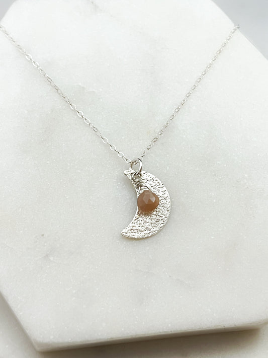Sterling silver moon necklace with peach moonstone