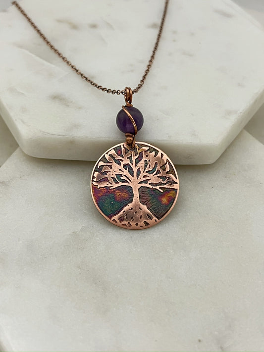 Copper and amethyst rooted tree necklace