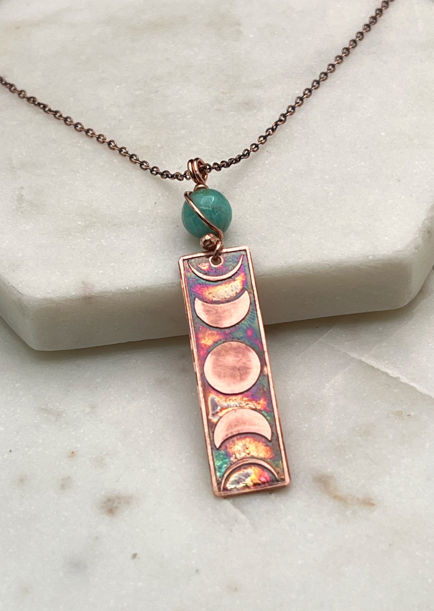 Moon phase acid etched copper necklace with amazonite gemstone