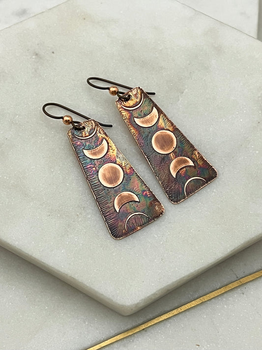 Acid etched copper moon phase earrings