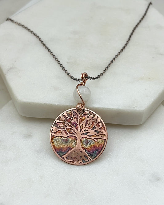 Copper and moonstone rooted tree necklace