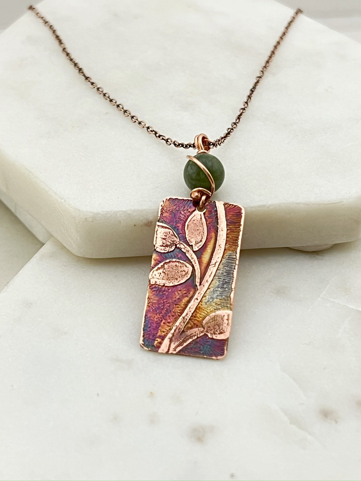 Acid etched copper leaf necklace with Jade gemstone