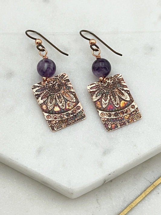 Acid etched copper earrings with amethyst gemstones