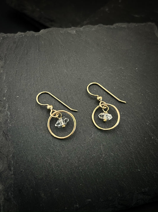 14K Gold and Herkimer diamond hoops