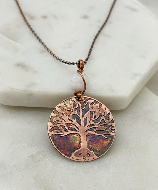Copper and moonstone rooted tree necklace