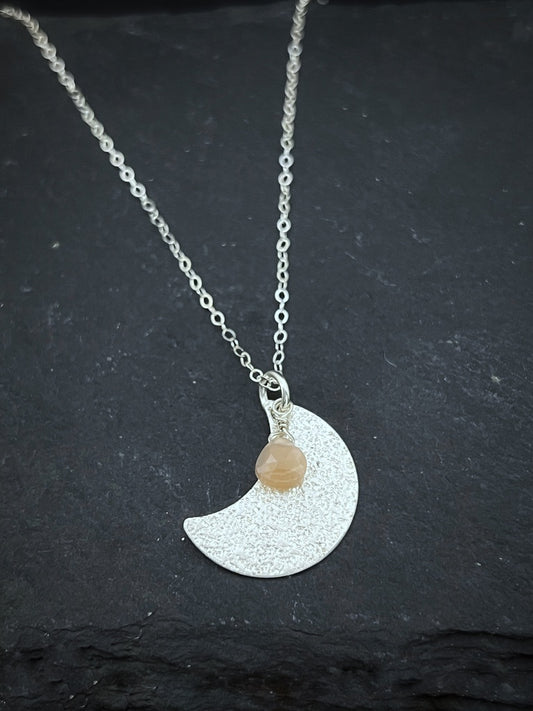 Sterling silver hammered moon with peach moonstone