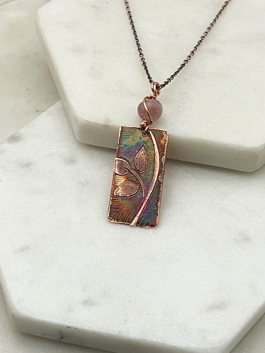 Acid etched copper leaf necklace with lepidolite gemstone