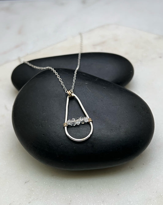 Handmade Sterling Silver Teardrop Necklace with 14k Gold and Herkimer Diamond