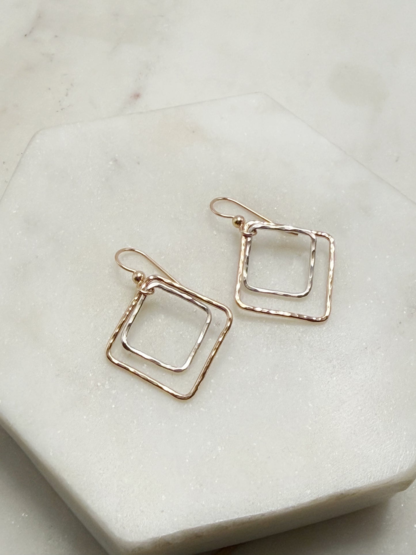 Hand-Forged 14K Gold Fill & Sterling Silver Double Square Earrings