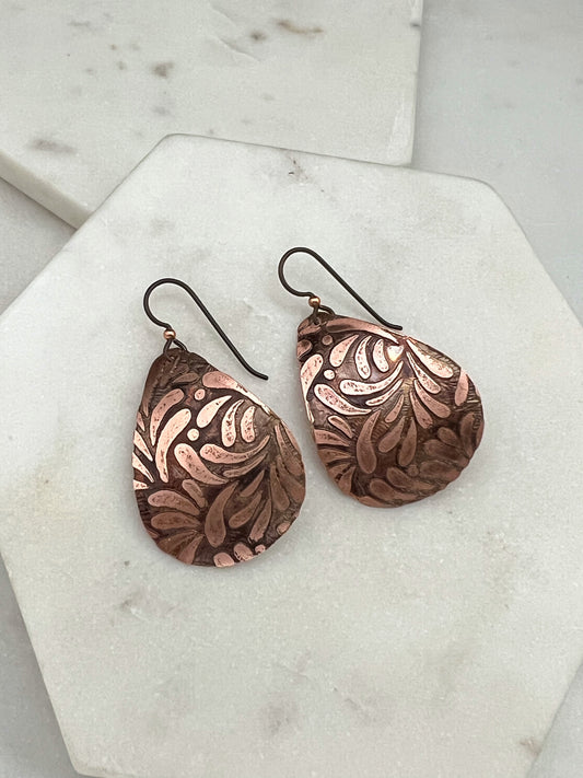 Acid etched copper medium teardrop earrings