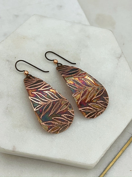 Large acid etched copper teardrop earrings