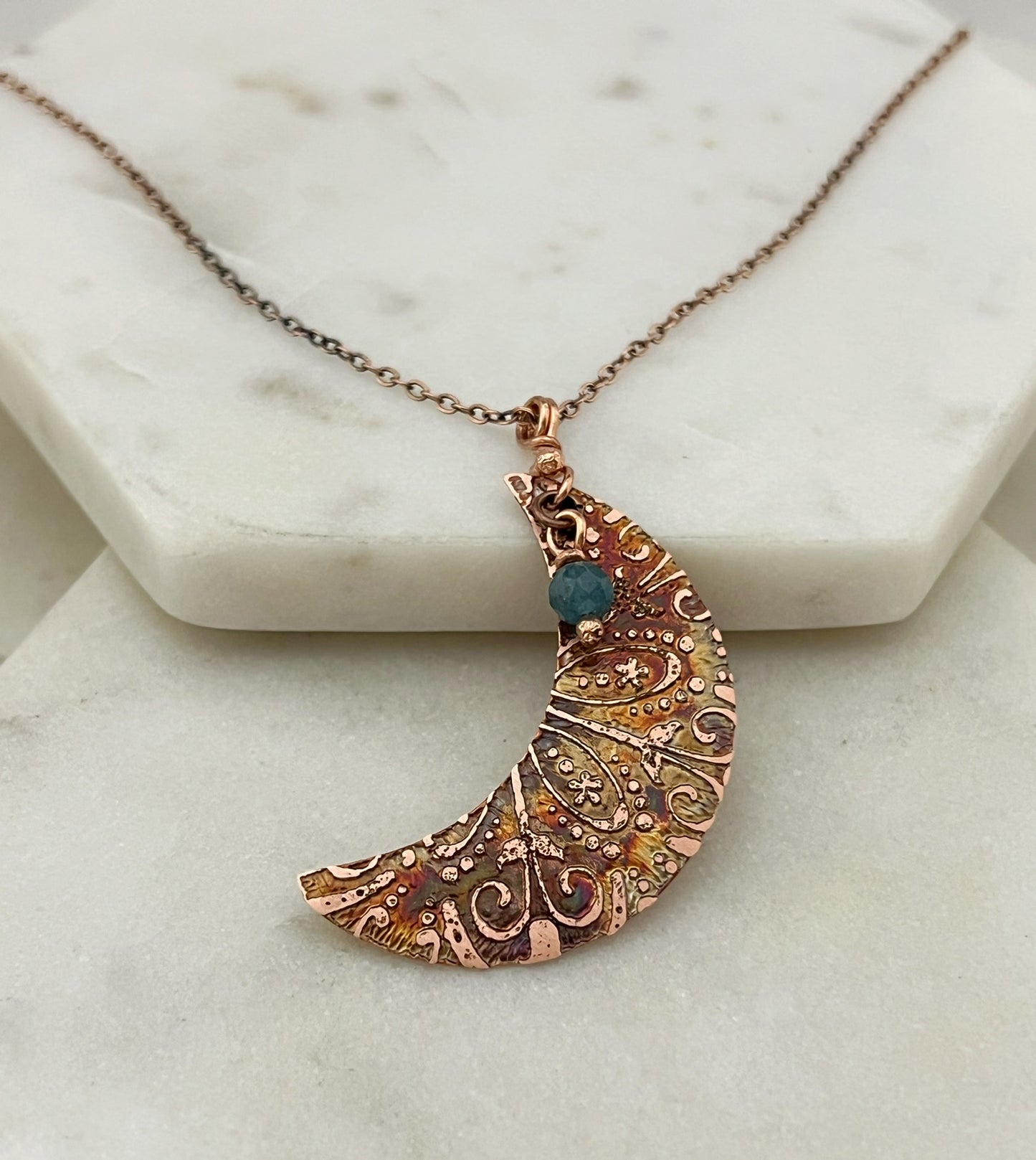 Acid etched copper crescent necklace with apatite gemstone