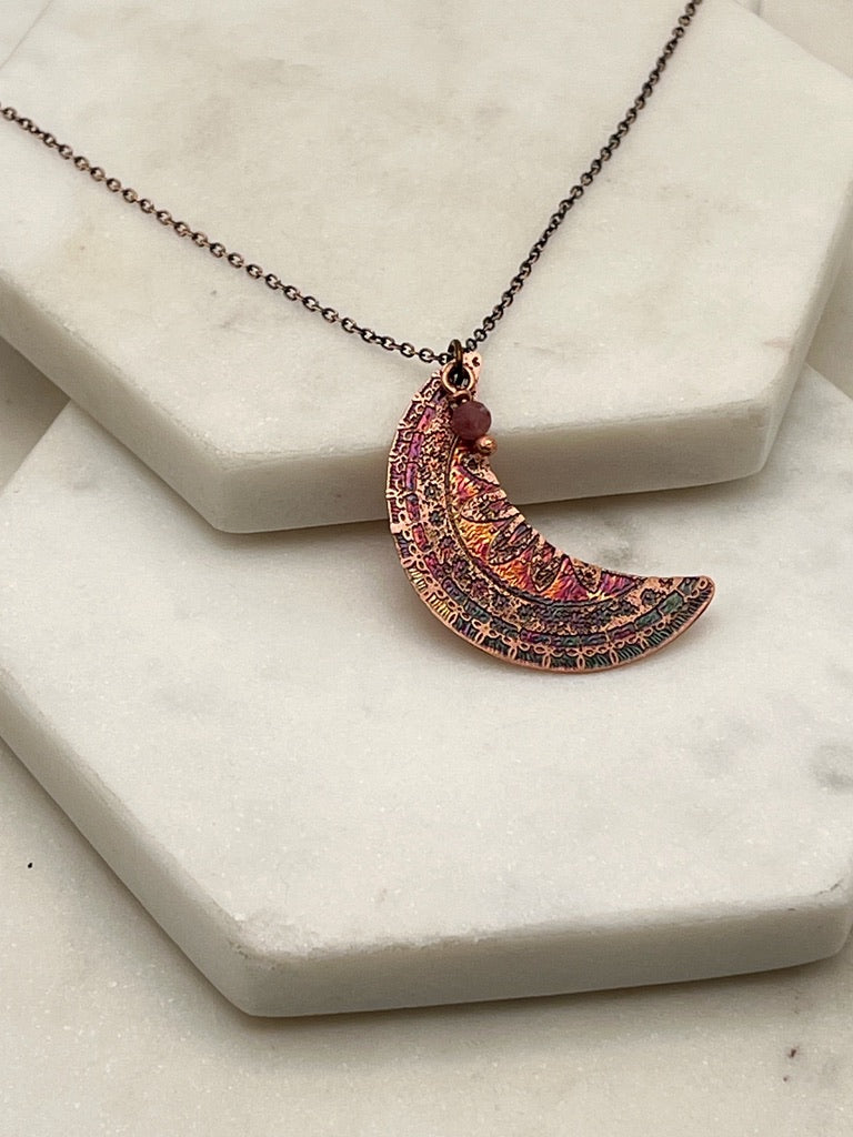 Acid etched copper crescent necklace with pink tourmaline gemstone