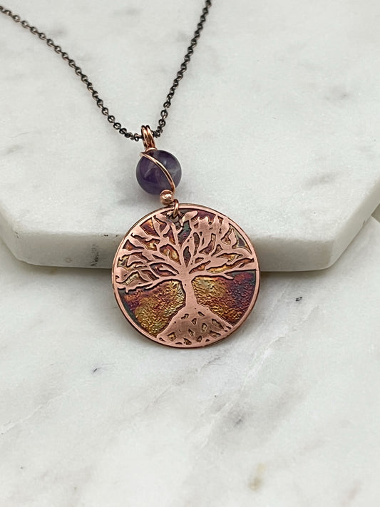 Copper and amethyst rooted tree necklace