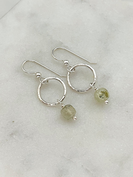 Sterling silver hoop earrings with prehnite gemstones