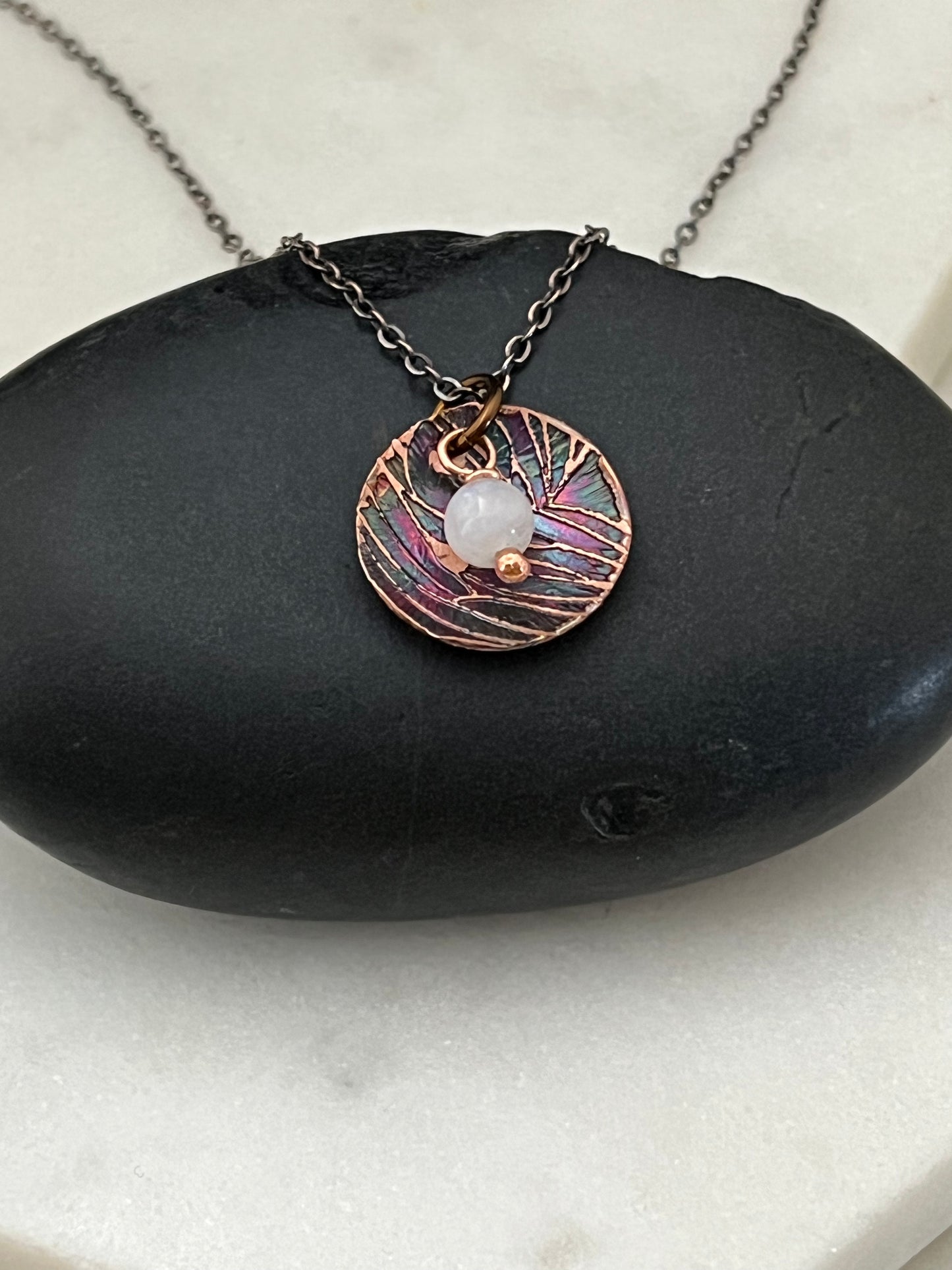 Acid etched copper necklace with moonstone gemstone