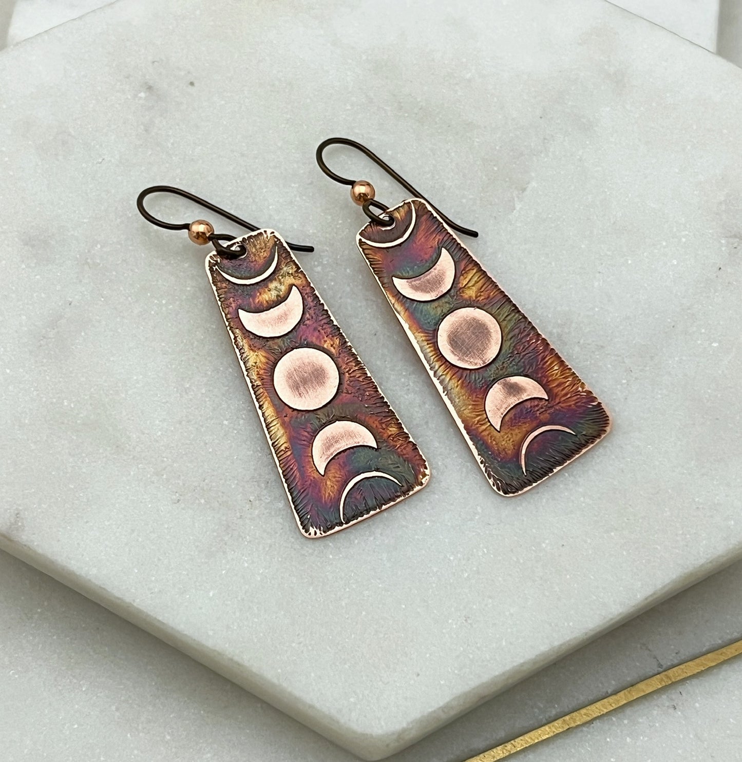 Acid etched copper moon phase earrings