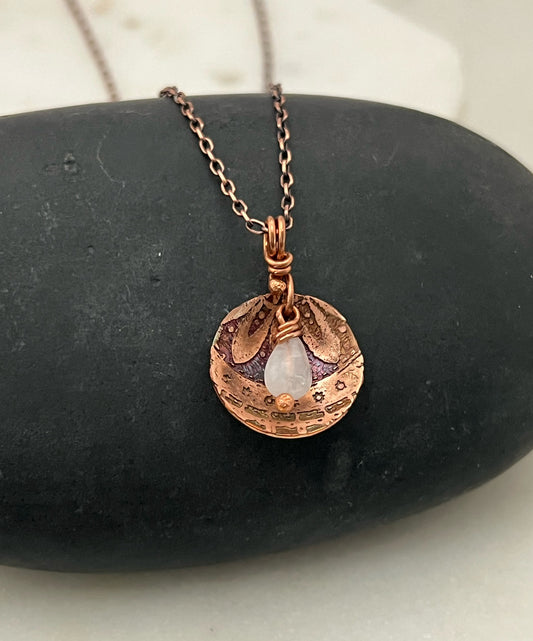 Acid etched copper necklace with moonstone gemstone