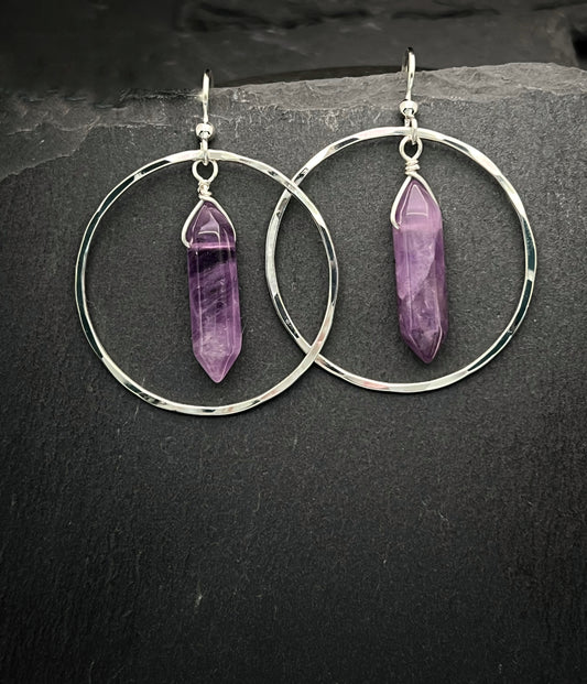 Sterling Silver Circle Earrings with Amethyst Points