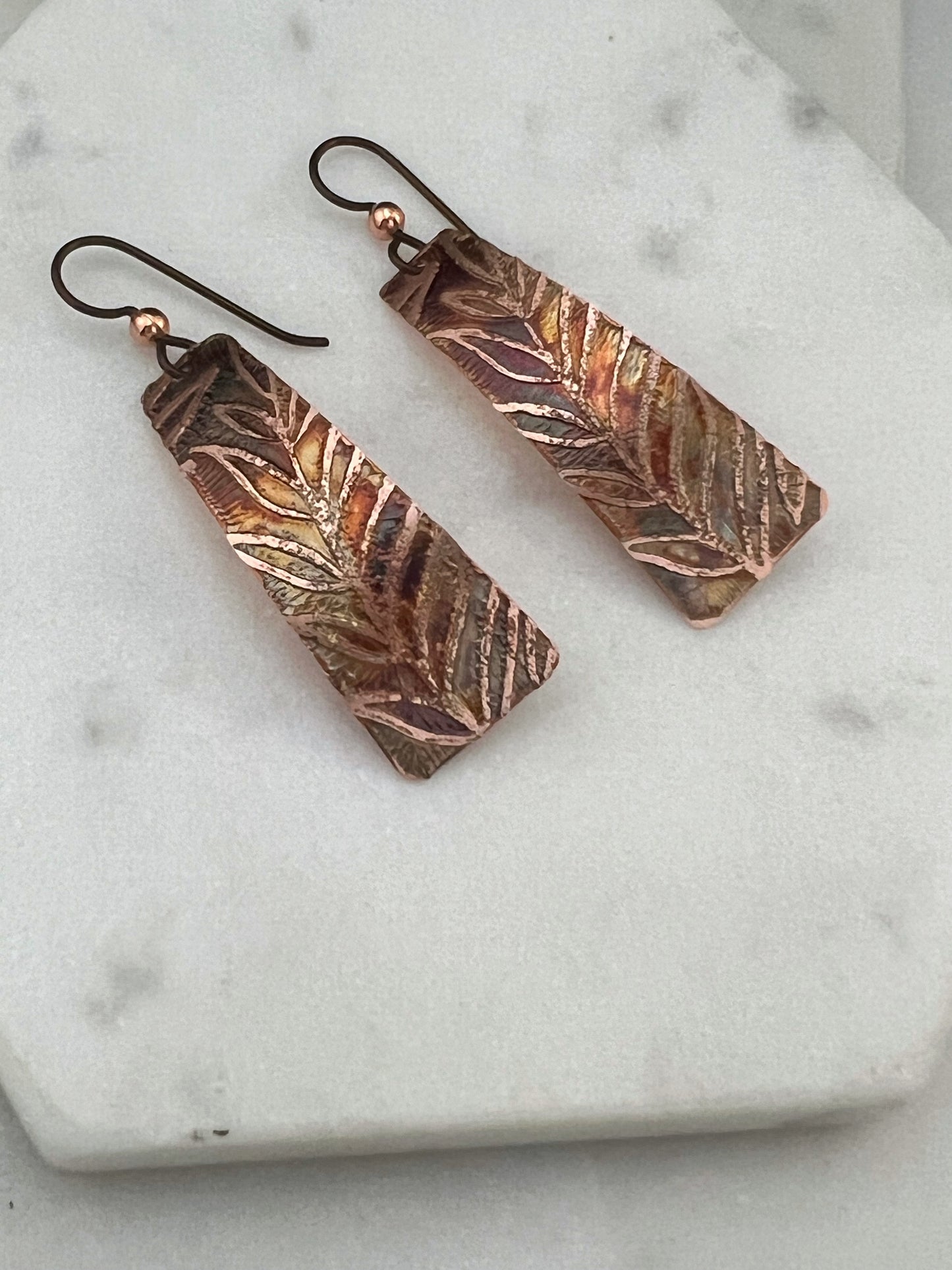 Acid etched copper irregular rectangle earrings