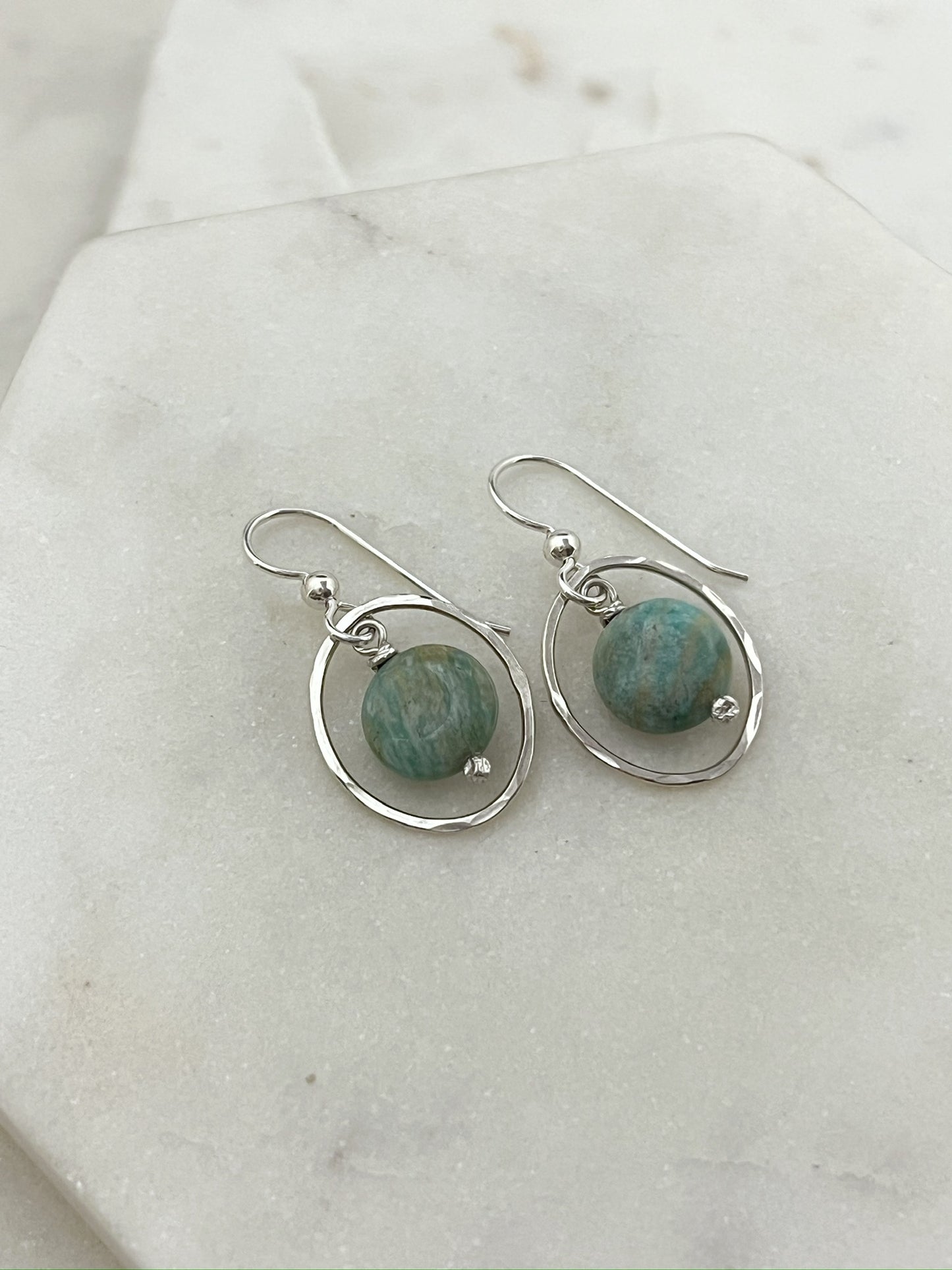 Sterling silver hoop earrings with amazonite gemstones