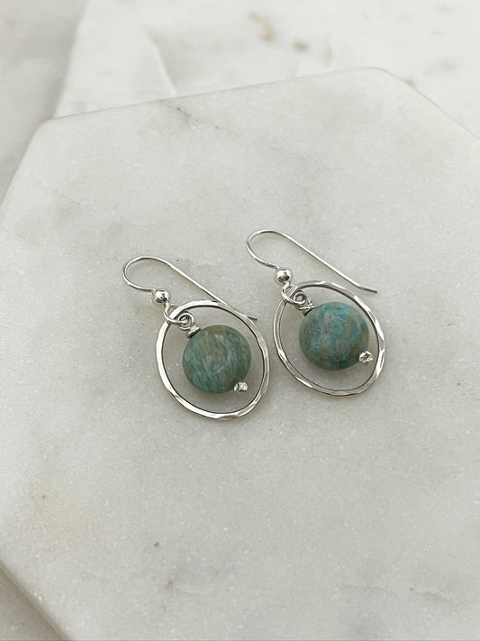 Sterling silver hoop earrings with amazonite gemstones