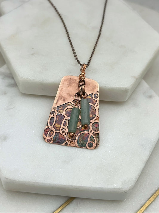 Acid etched copper necklace with aventurine gemstone