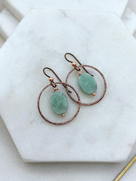 Copper oval hoops with amazonite gemstones