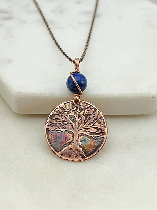 Copper and lapis rooted tree necklace