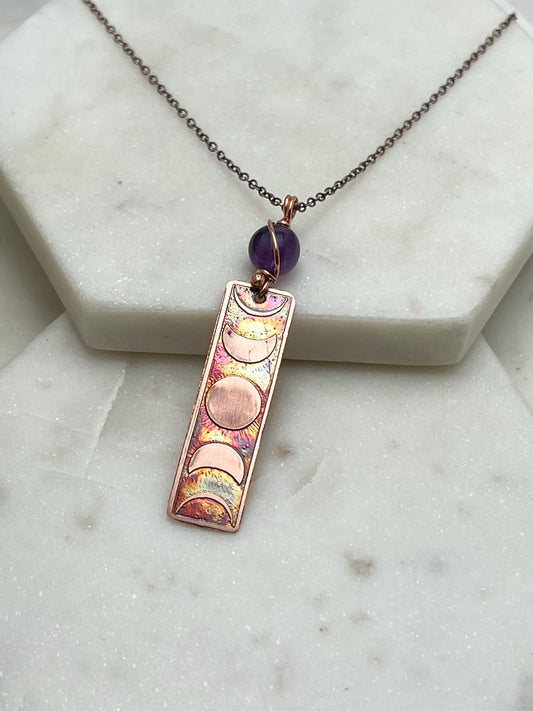 Moon phase acid etched copper necklace with amethyst gemstone