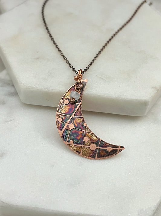 Acid etched copper crescent necklace with moonstone gemstone