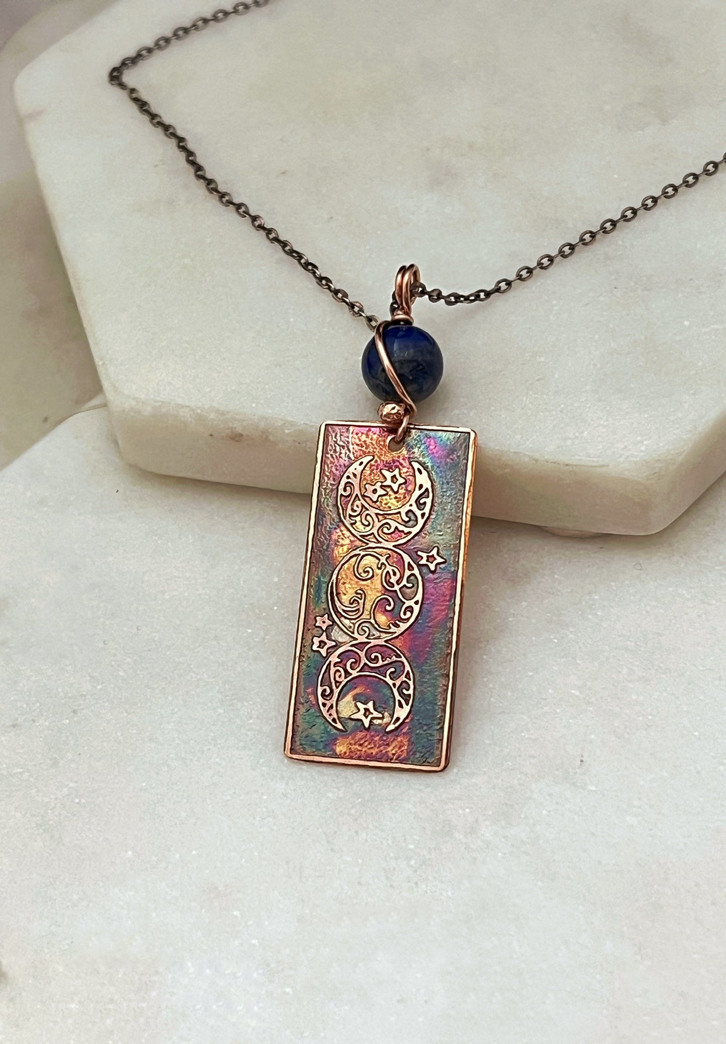 Acid etched copper moon necklace with lapis gemstone