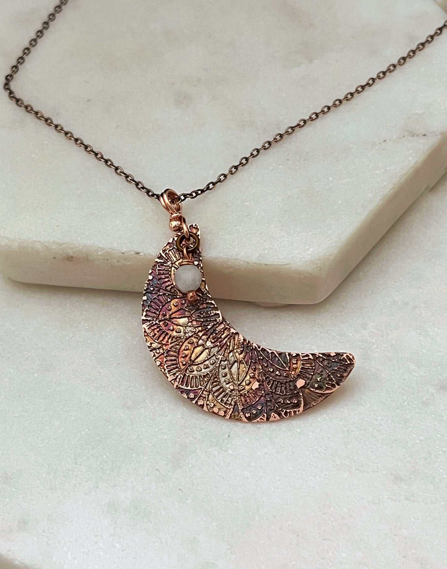 Acid etched copper crescent necklace with moonstone gemstone