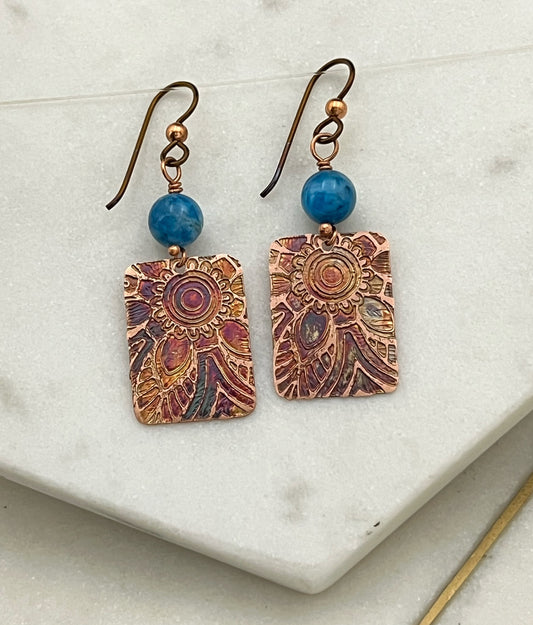 Acid etched copper earrings with apatite gemstones