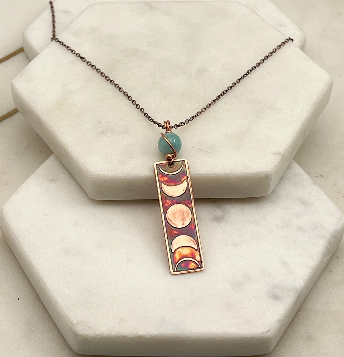 Moon phase acid etched copper necklace with amazonite gemstone