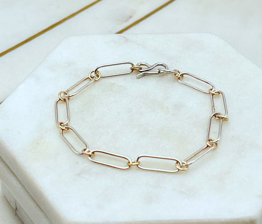 Forged sterling silver and 14k gold chain bracelet